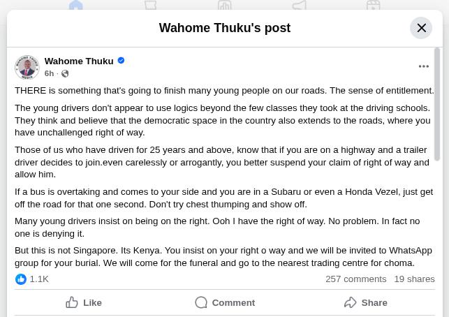Wahome Thuku warns on road recklessness. PHOTO/Screengrab by K24 Digital from Facebook by @wahome.thuku