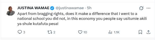 Justina Wamae post about schools in Kenya. PHOTO/Screengrab by K24 Digital from X by @justinawamae