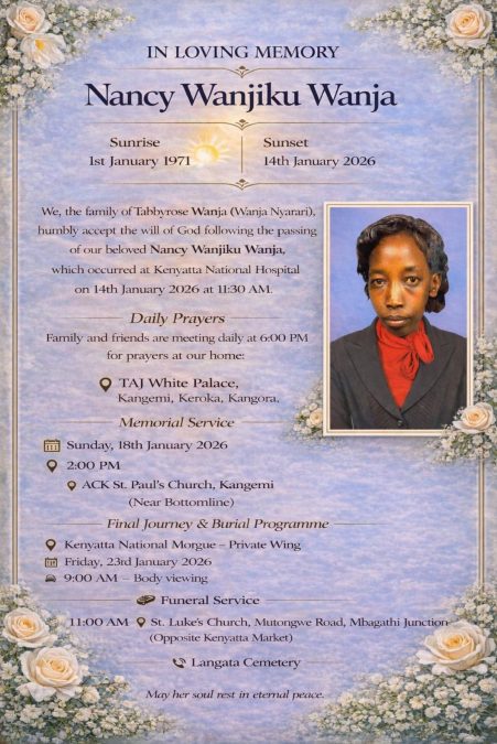 Wanja's mother figure's burial poster. PHOTO/https://www.facebook.com/muthee.prince
