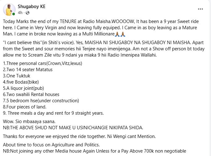 Shugaboy’s statement. PHOTO/ https://www.facebook.com/shugaboy.majimoto.ke