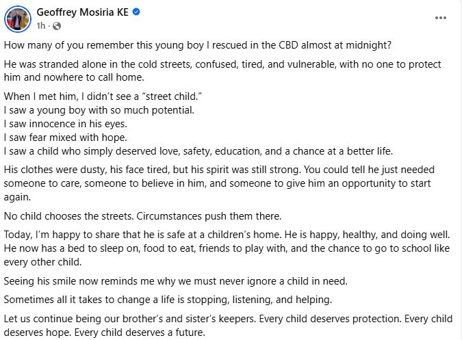 Geoffrey Mosiria’s reflections upon reuniting with the boy he rescued from Nairobi CBD at midnight. PHOTO/ https://www.facebook.com/kiongozi.mosiriake