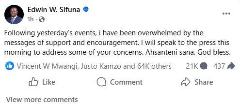 Edwin Sifuna’s statement. PHOTO/ https://www.facebook.com/EdwinWSifuna