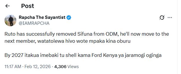 Rapcha the Sayantist’s statement on X. PHOTO/ @IAMRAPCHA