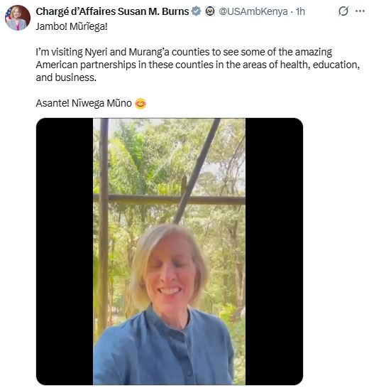 A screengrab image of US envoy to Kenya, Susan M. Burns’ statement. PHOTO/ @USAmbKenya