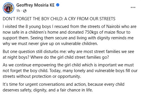 Geoffrey Mosiria’s statement. PHOTO/ https://www.facebook.com/kiongozi.mosiriake