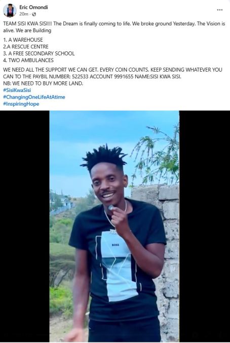 Eric Omondi’s statement as construction of the rescue centre kicked off. PHOTO/ https://www.facebook.com/profile.php?id=100044317755329