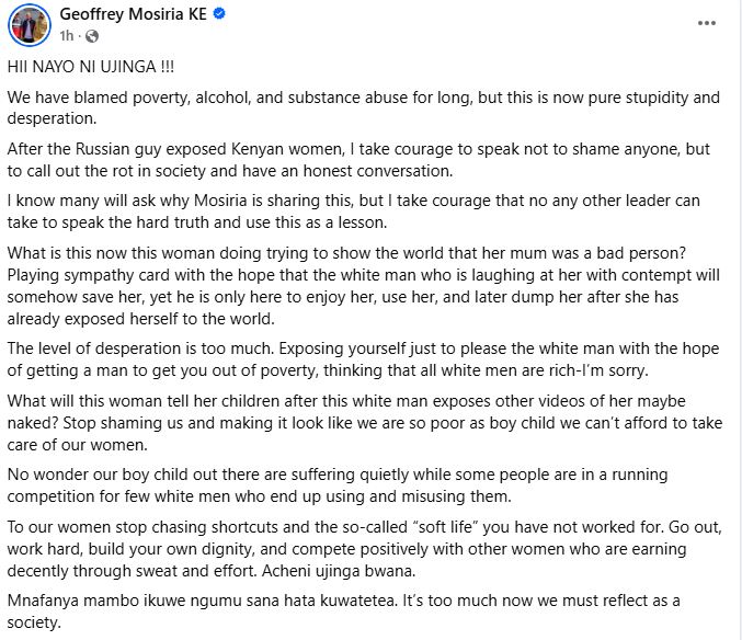 Geoffrey Mosiria’s statement. PHOTO/ https://www.facebook.com/kiongozi.mosiriake