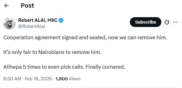 Robert Alai’s statement. PHOTO/ @RobertAlai