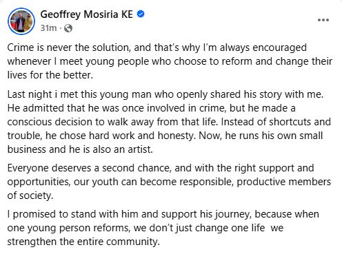 
Geoffrey Mosiria’s statement. PHOTO/ https://www.facebook.com/kiongozi.mosiriake
