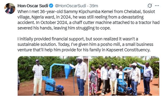 Oscar Sudi’s statement after presenting the posho mill to Sammy Kipchumba Kemei on Wednesday, February 18, 2026. PHOTO/ https://x.com/HonOscarSudi 
