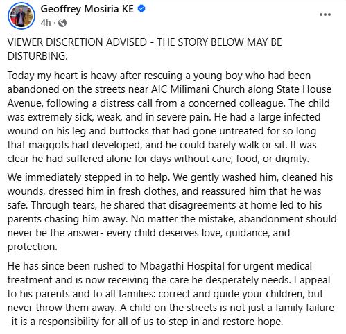 Geoffrey Mosiria’s statement. PHOTO/ https://www.facebook.com/kiongozi.mosiriake