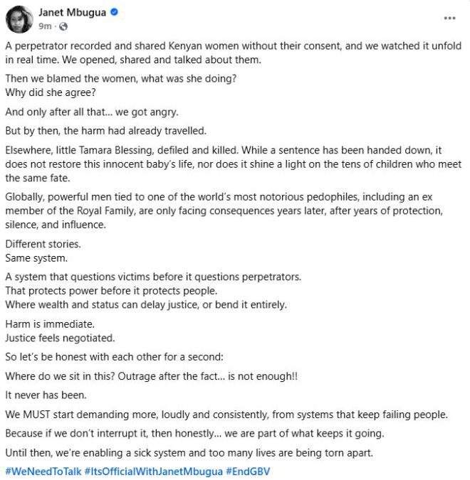 Janet Mbugua’s statement on Facebook. PHOTO/ https://www.facebook.com/janetthejourney