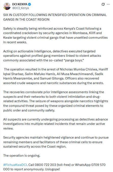 DCI statement on the arrest on Friday, February 20, 2026. PHOTO/@DCI_Kenya/X