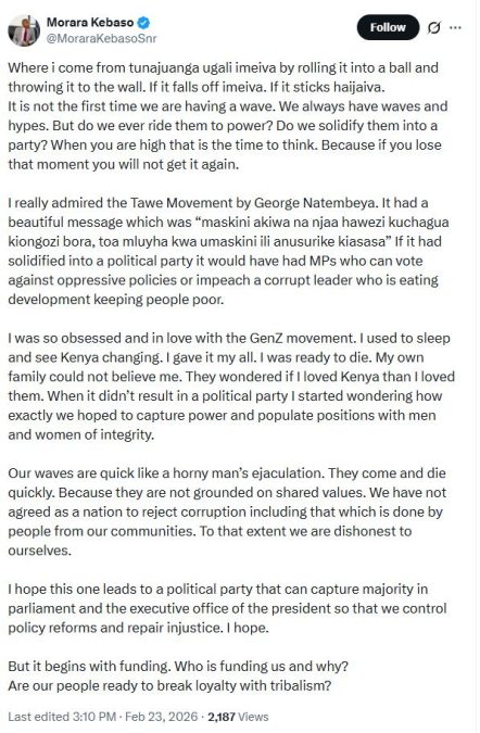 Morara Kebaso’s statement. PHOTO/ @MoraraKebasoSnr