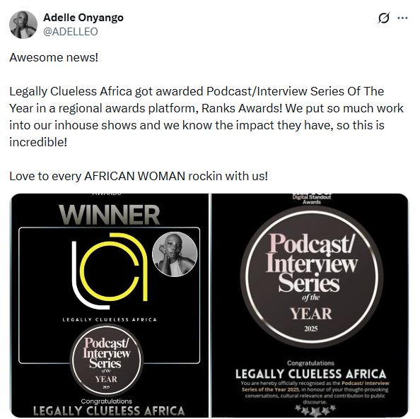 Adelle Onyango’s statement after winning regional award. PHOTO/ @ADELLEO