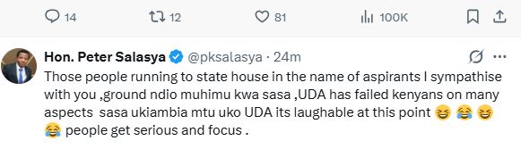 An image by K24 Digital showing Peter Salasya’s statement on X. PHOTO/ @pksalasya