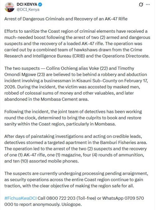 The statement by the DCI. PHOTO/@DCI_Kenya