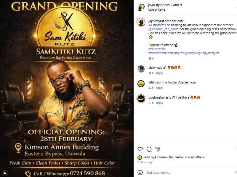 Statement shared by Sam Kitiki confirming the grand opening of the barbershop. PHOTO/ https://www.instagram.com/kitikisam_the_barber/
