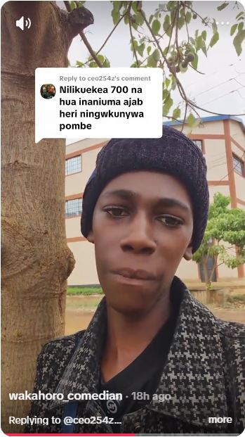 A screengrab image by K24 Digital showing Kaluma Boy addressing critics. PHOTO/https://www.tiktok.com/@wakahoro_comedian