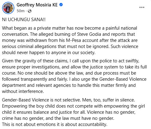 Geoffrey Mosiria’s statement. PHOTO/ https://www.facebook.com/kiongozi.mosiriake