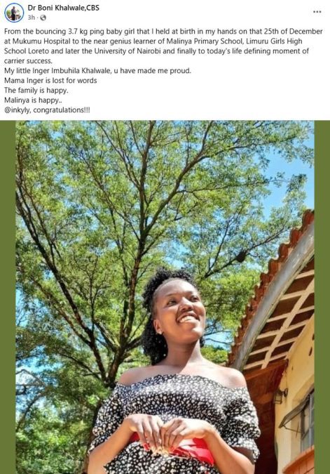 Boni Khalwale’s statement celebrating daughter’s achievement. PHOTO/ https://www.facebook.com/KBonimtetezi