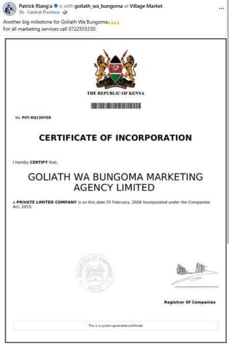 Statement by Patrick Riang’a on Goliath Wa Bungom registering company. PHOTO/ https://www.facebook.com/patrickcardealer