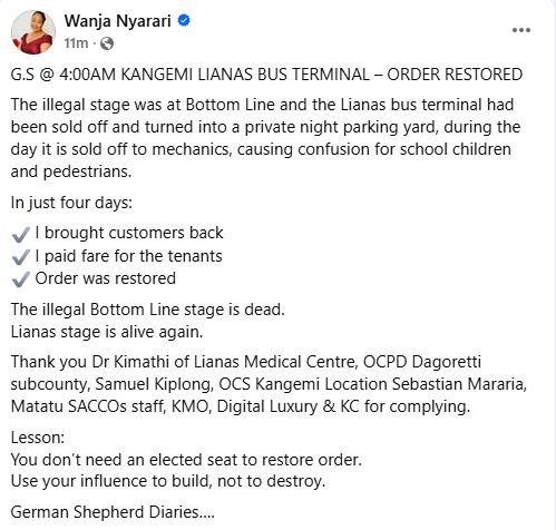 Wanja Nyarari’s statement. PHOTO/ https://www.facebook.com/muthee.prince