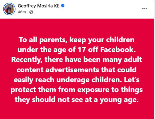 Geoffrey Mosiria’s statement. PHOTO/ https://www.facebook.com/kiongozi.mosiriake