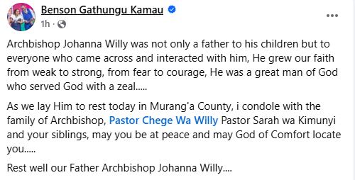 Bishop Kiengei’s tribute. PHOTO/ https://www.facebook.com/muthee.wawatoria
