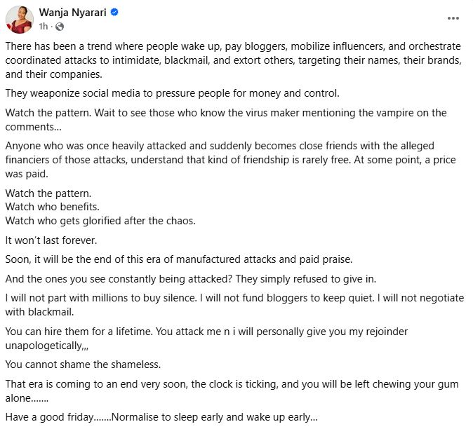 Wanja Nyarari’s statement. PHOTO/ https://www.facebook.com/muthee.prince
