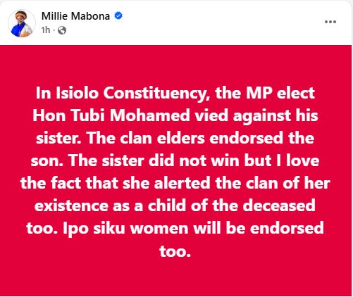 Millie Odhiambo’s statement. PHOTO/https://www.facebook.com/millie.mabona