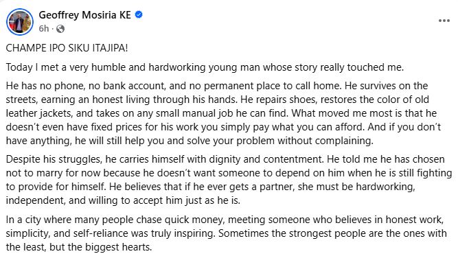 Geoffrey Mosiria’s statement. PHOTO/ https://www.facebook.com/kiongozi.mosiriake