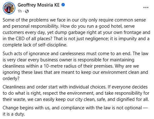 Geoffrey Mosiria’s statement. PHOTO/ https://www.facebook.com/kiongozi.mosiriake