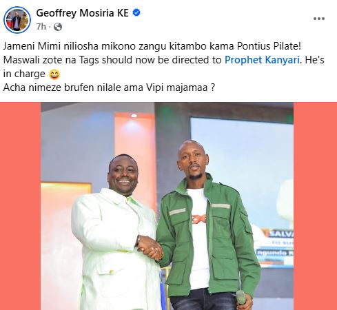 Nairobi County Chief Officer for Citizen Engagement and Customer Service, Geoffrey Mosiria’s statement on February 5, 2026. PHOTO/ A screengrab by K24 Digital of posts from https://www.facebook.com/kiongozi.mosiriake