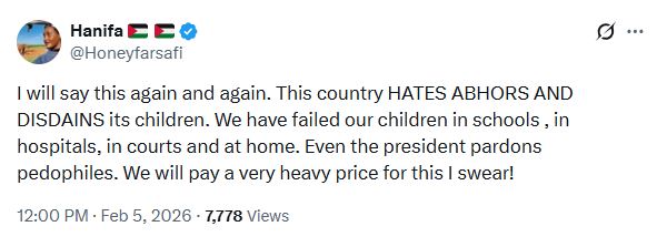 Hanifa Adan’s statement on Thursday, February 5, 2026. PHOTO/ A screengrab by K24 Digital of posts by @Honeyfarsafi/X