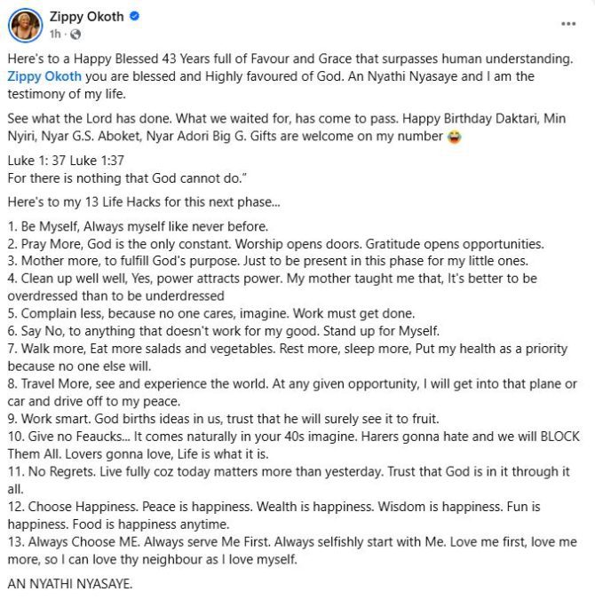 Zippy Okoth’s birthday message as she turns 43 years old. PHOTO/ A screengrab image by K24 Digital from https://www.facebook.com/zippyokoth