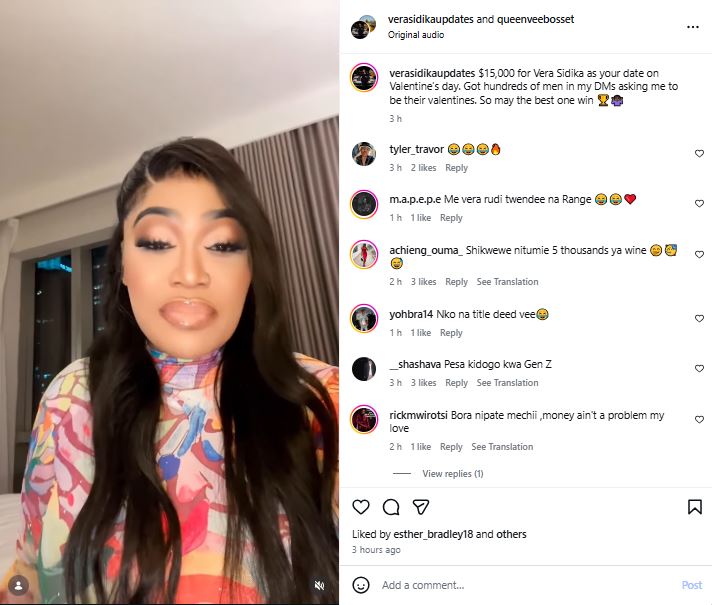 Socialite Vera Sidika’s statement on Instagram. PHOTO/ https://www.instagram.com/queenveebosset/