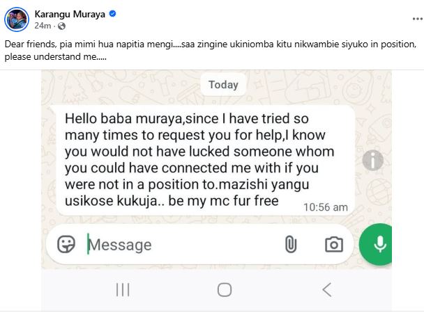 Gospel singer Karangu Muraya’s statement. PHOTO/ https://www.facebook.com/KaranguMurayaMc