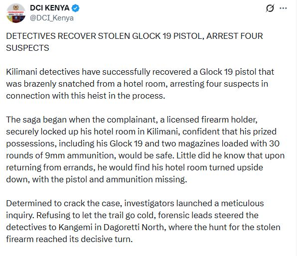 Statement by the Directorate of Criminal Investigations confirming the arrest. PHOTO/ @DCI_Kenya