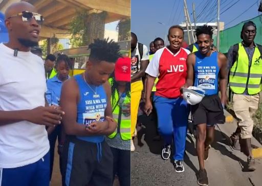 A screengrab image by K24 Digital showing Eric Omondi and the team accompanying him in his walk from Nairobi to Mombasa. PHOTO/ https://www.facebook.com/profile.php?id=100044317755329