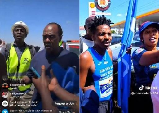 A screengrab image by K24 Digital showing Eric Omondi and the team accompanying him in his walk from Nairobi to Mombasa. PHOTO/ https://www.facebook.com/profile.php?id=100044317755329