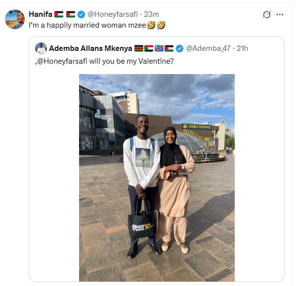 Ademba Allans’ proposal and Hanifa’s response. PHOTO/ @Honeyfarsafi