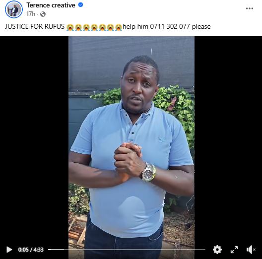 A screengrab image by K24 Digital showing Terence Creative’s stand on the plight of Rufus. PHOTO/https://www.facebook.com/terencecreative