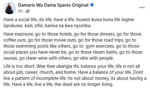 Dama’s post. PHOTO/Screengrab by K24 Digital of Facebook post by https://www.facebook.com/profile.php?id=100087892219005
