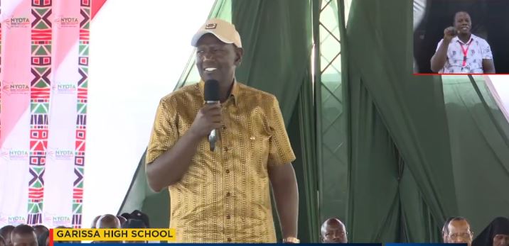 A screengrab image of President William Ruto addressing NYOTA capital disbursement event in Garissa. PHOTO/ @WilliamsRuto