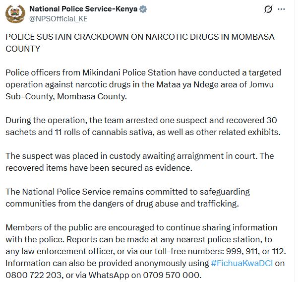 Statement by the National Police Service confirming the arrest. PHOTO/ @NPSOfficial_KE