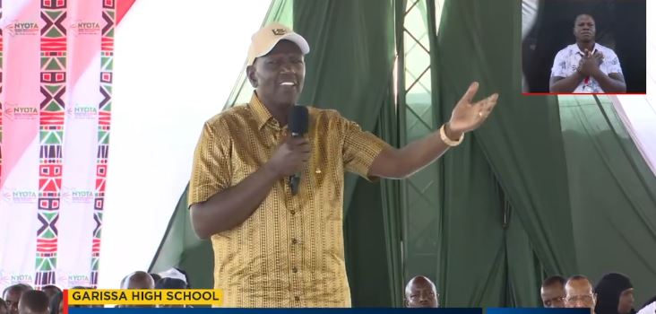 A screengrab image of President William Ruto addressing NYOTA capital disbursement event in Garissa. PHOTO/ @WilliamsRuto