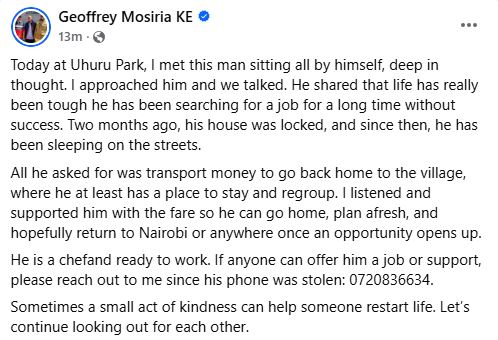 Geoffrey Mosiria’s statement. PHOTO/ https://www.facebook.com/kiongozi.mosiriake