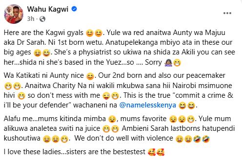 Wahu Kagwi’s statement appreciating her sisters. PHOTO/ https://www.facebook.com/WahuKagwiMathenge