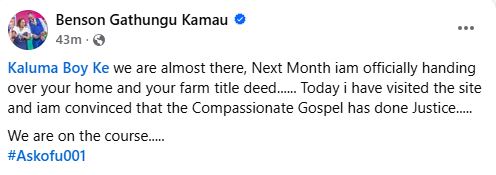 Bishop Kiengei’s update on the construction of a new home for Kluma Boy’s family. PHOTO/ https://www.facebook.com/muthee.wawatoria